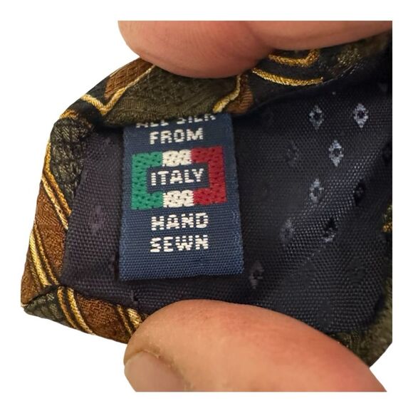 Geometric Necktie Olive Green Brown Patterned Business Casual Men's Tie - Picture 5 of 6